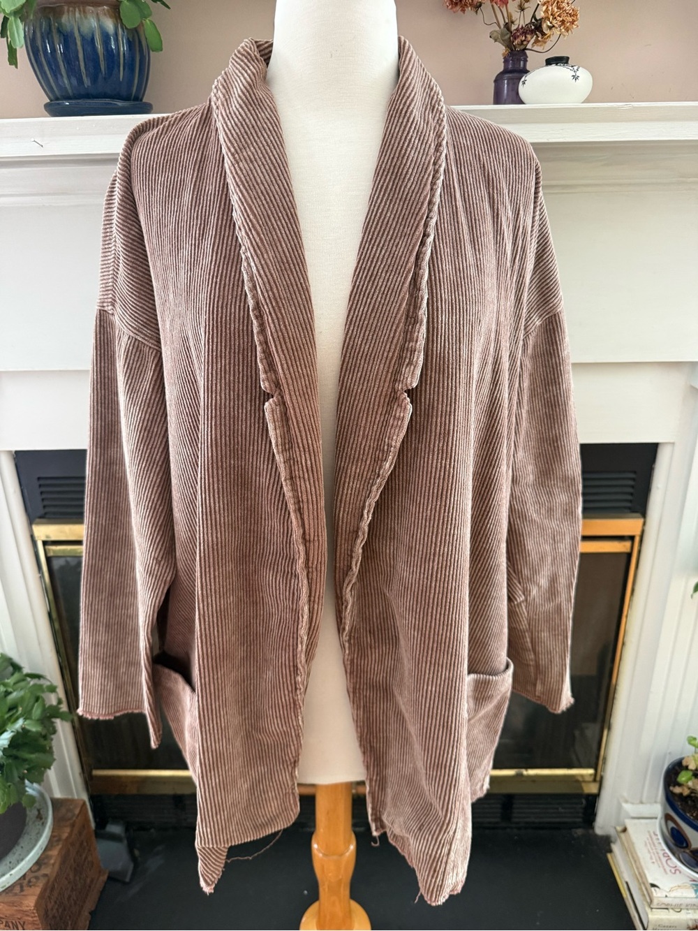 POL Soft Ribbed Open-Front Corduroy Cardigan Jacket  in Taupe Brown